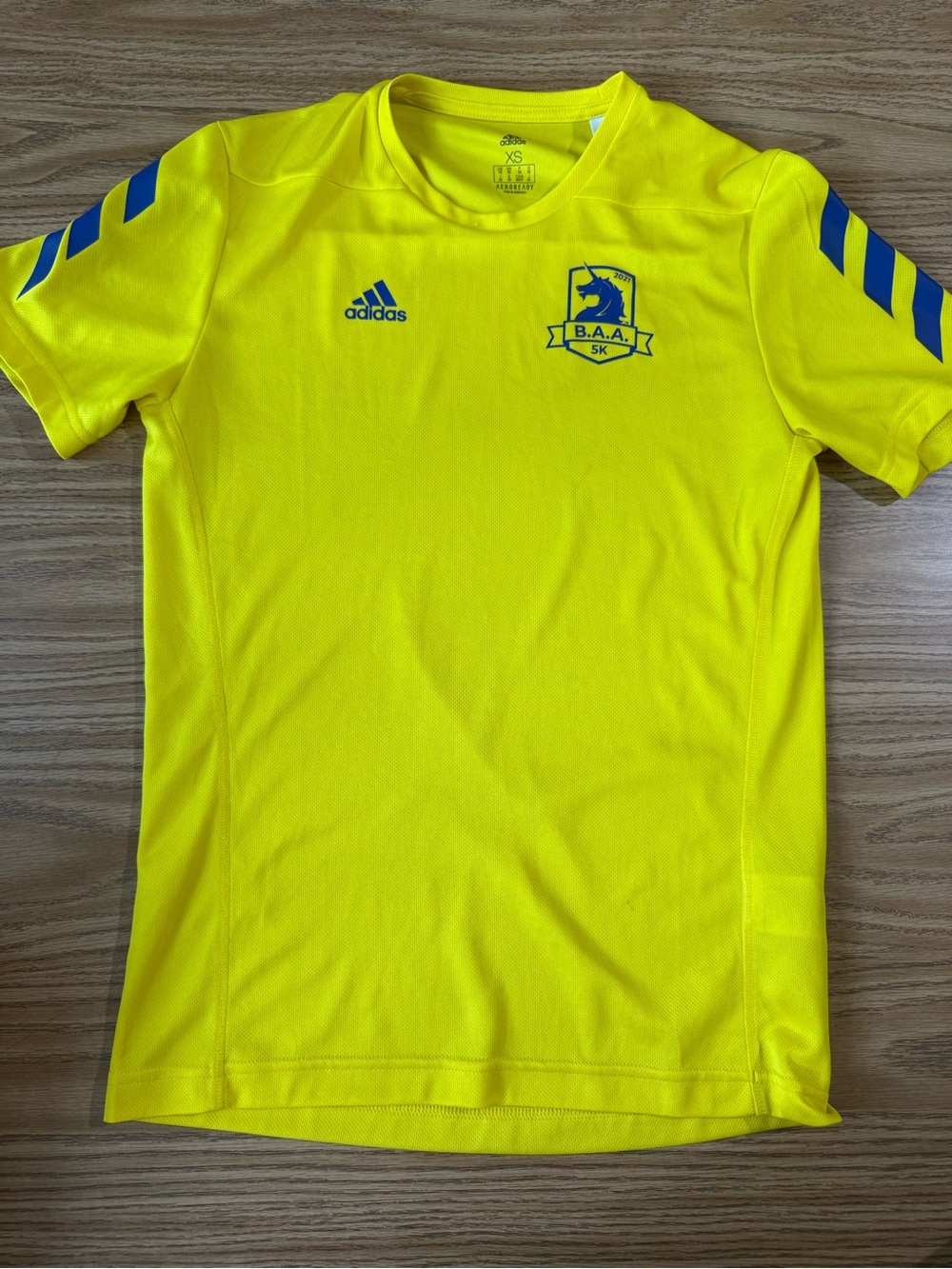adidas Bright Yellow Short Sleeve B.A.A. 5K Tee with Blue Accents